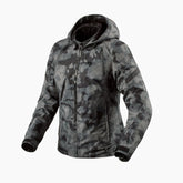Giacca Flare 3 H2O, una giacca moto impermeabile con cappuccio staccabile. Design mimetico Camo Grigio Scuro. Di REV'IT!.
